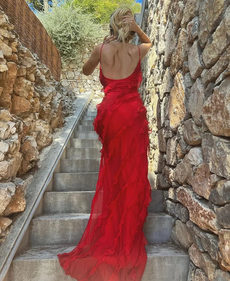 Sexy Spaghetti Straps Backless Sleeveless Ruffled Dress Prom Dresses
