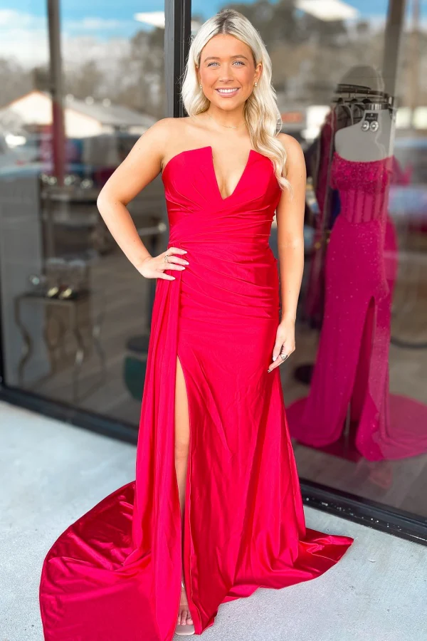 Sexy & Hot Sheath V Neck Sleeveless Pleated Ruched Back Zipper Prom Party Dress High Side Slit and Train Evenig Formal Gown Cocktail Dress