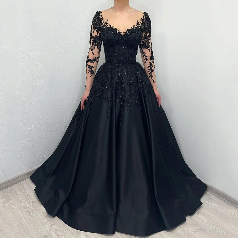 Customized Large Round Neck Long-Sleeved Wedding Dress Bridal Gown Beaded Sequined Applique Backless Satin Wedding Dress