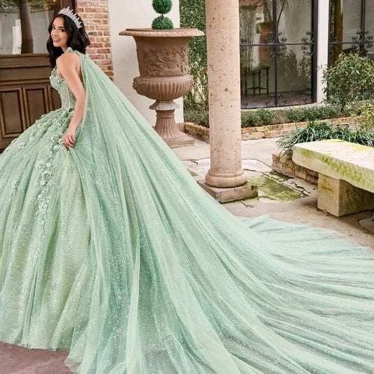 Green Quinceanera Dress Tulle Shining Applique Corset Sexy Vestidos De Elegant Pageant Princess Birthday Evening Ball Gown