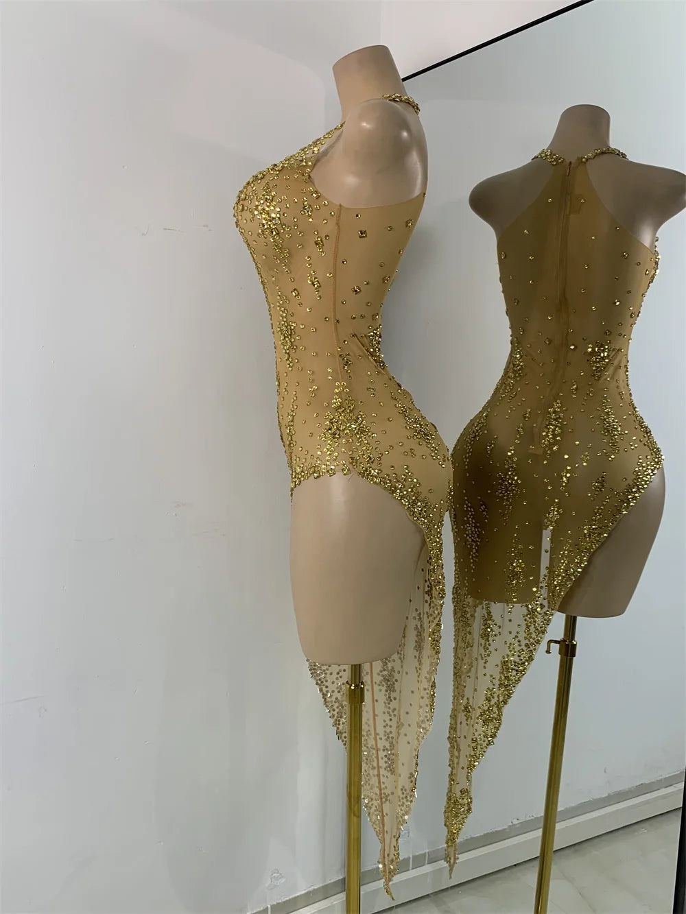 Sparkly Gold Design Evening Party Dress Luxury Rhinestones See Through Sexy Women's Clothing Mesh Stretch Birthday Dresses