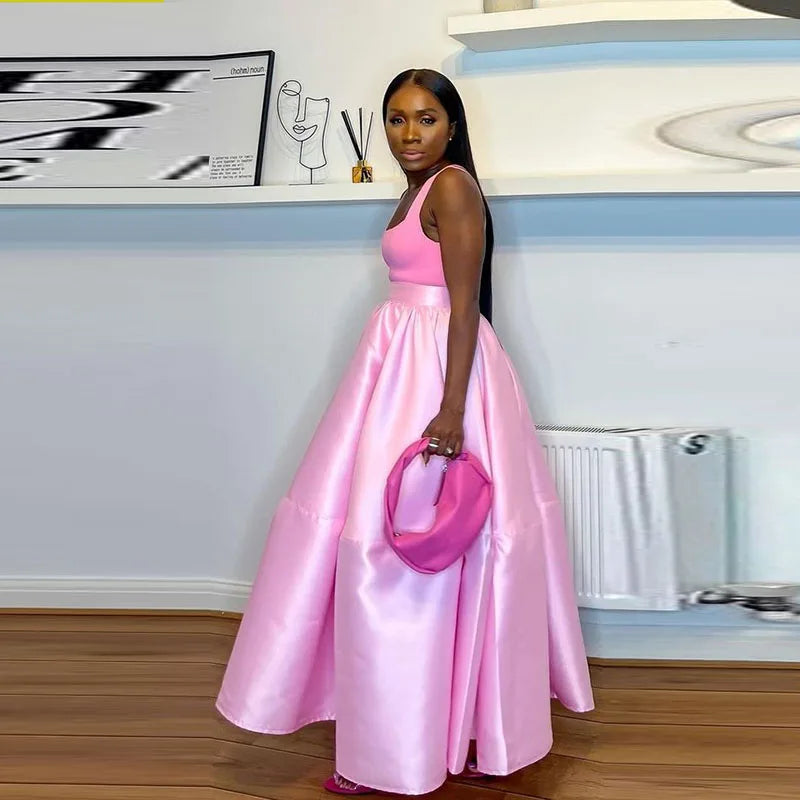 Pink Long Skirts Satin A Line Women Prom Party Formal Wear Wedding Guest Party Gowns Maxi Skirt Ankle Length Skirt Saias