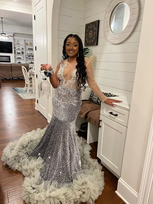 Sparkly Sivler Sequins Mermaid Prom Dress For Black Girls Crystal Ruffle Bead Evening Party Gown