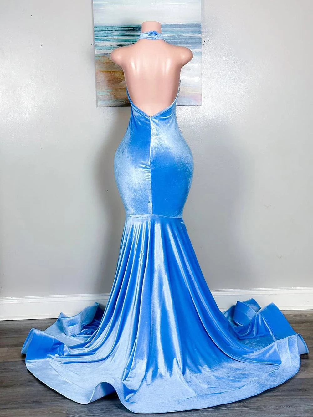 Long Blue Velvet Elegant Prom Dresses for Black Girls Silver Crystal Beads Luxury Birthday Party Mermaid Dress Customized