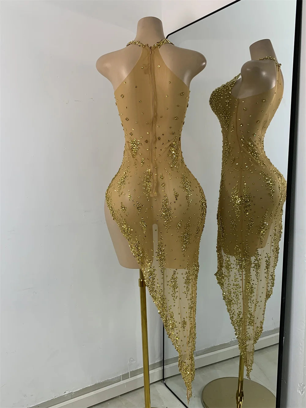 Sparkly Gold Design Evening Party Dress Luxury Rhinestones See Through Sexy Women's Clothing Mesh Stretch Birthday Dresses