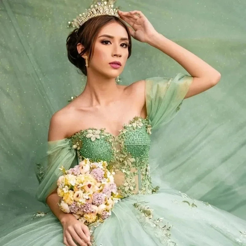 Mint Green Sweetheart Robe De Quinceanera Applique Lace Beads Tull Off the Shoulder Vestidos De 15 Anos Customized