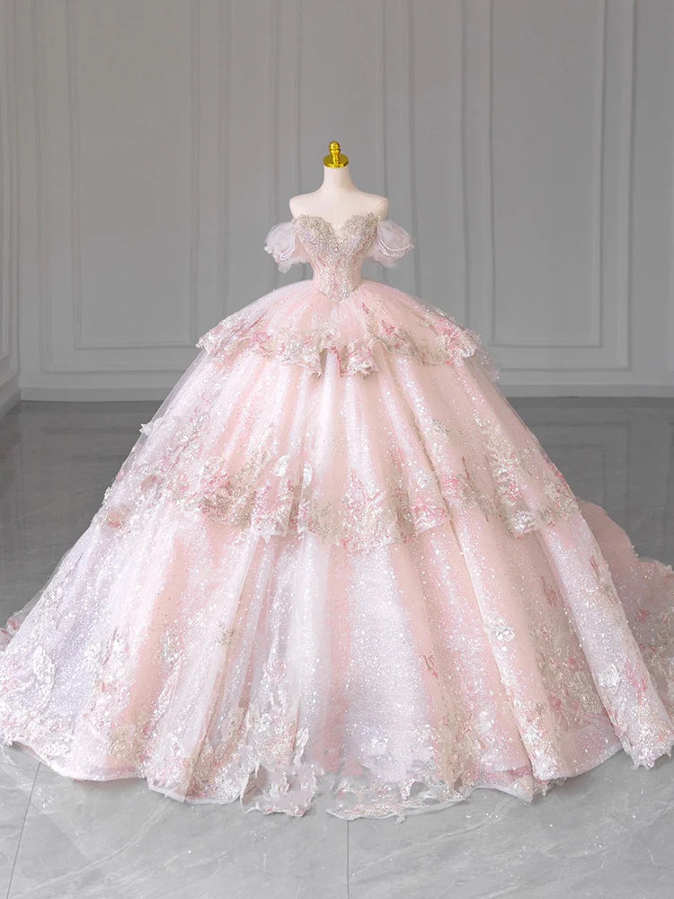 Customized One Shoulder Pink Princess Wedding Dress Bride French Court Style Fugitive Long Train