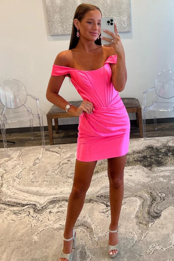 Sheath Off Shoulder Hot Pink Satin Homecoming Dress