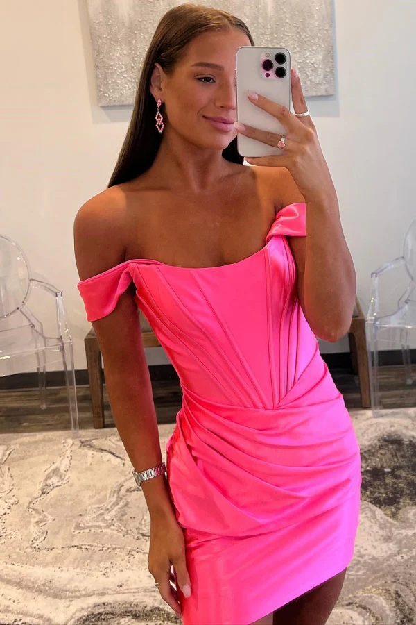 Sheath Off Shoulder Hot Pink Satin Homecoming Dress
