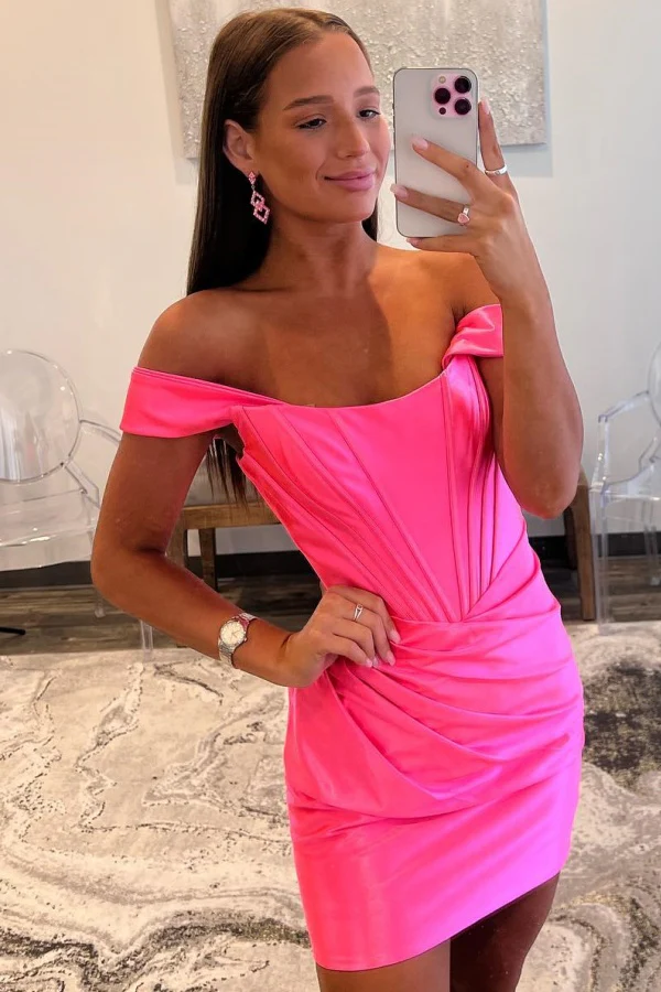 Sheath Off Shoulder Hot Pink Satin Homecoming Dress