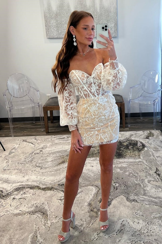 Sheath Strapless Detachable Lantern Sleeves Lace Homecoming Dress