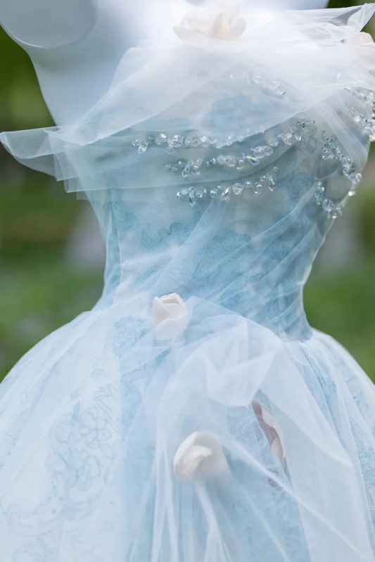 Shinning Ball Gown Strapless Light Sky Blue Tulle Long Prom Dresses Impress 19th Birthday Outfits Prom Gown