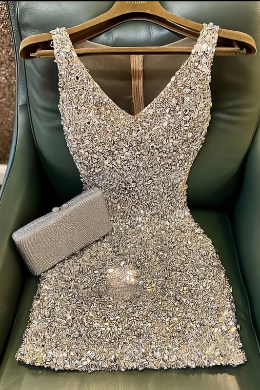 Silver Bodycon Homecoming Dresses V-Neck Mini Party Dress