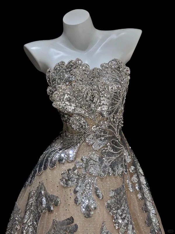 Silver Layered Sequin A Line Sweetheart Neck Apricot Tulle Long Prom Dress Evening Dress