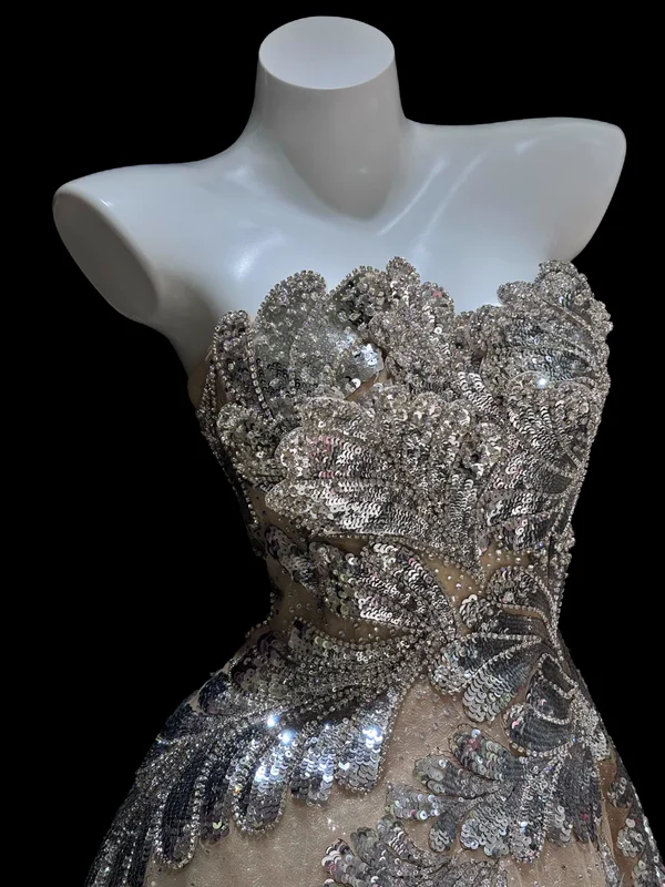 Silver Layered Sequin A Line Sweetheart Neck Apricot Tulle Long Prom Dress Evening Dress