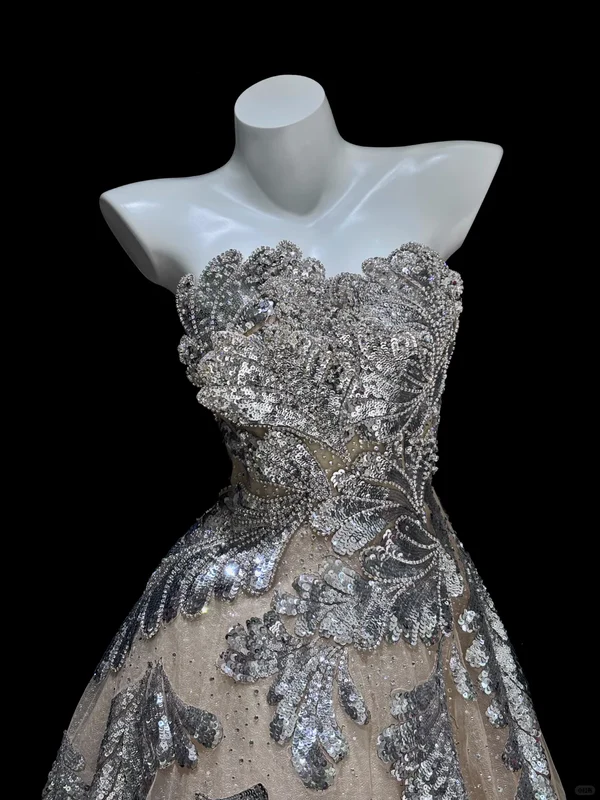 Silver Layered Sequin A Line Sweetheart Neck Apricot Tulle Long Prom Dress Evening Dress