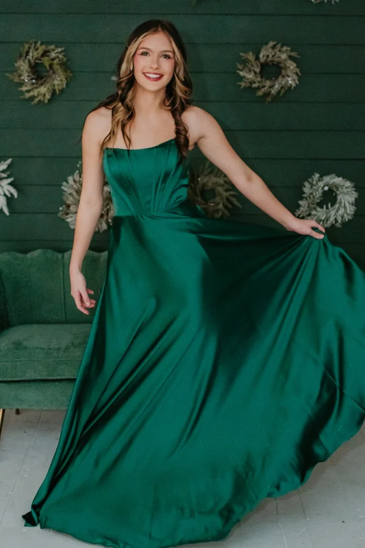 Simple A-Line Boat Neck Sleeveless Pleated Lace Up Floor Length Dark Green Satin Prom Dress Evening Party Dress Bridesmaid Dress