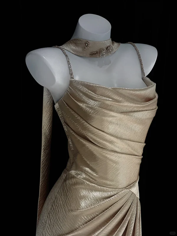 Simple Golden A Line Spaghetti Straps Satin Long Prom Dress Wedding Guest Dress