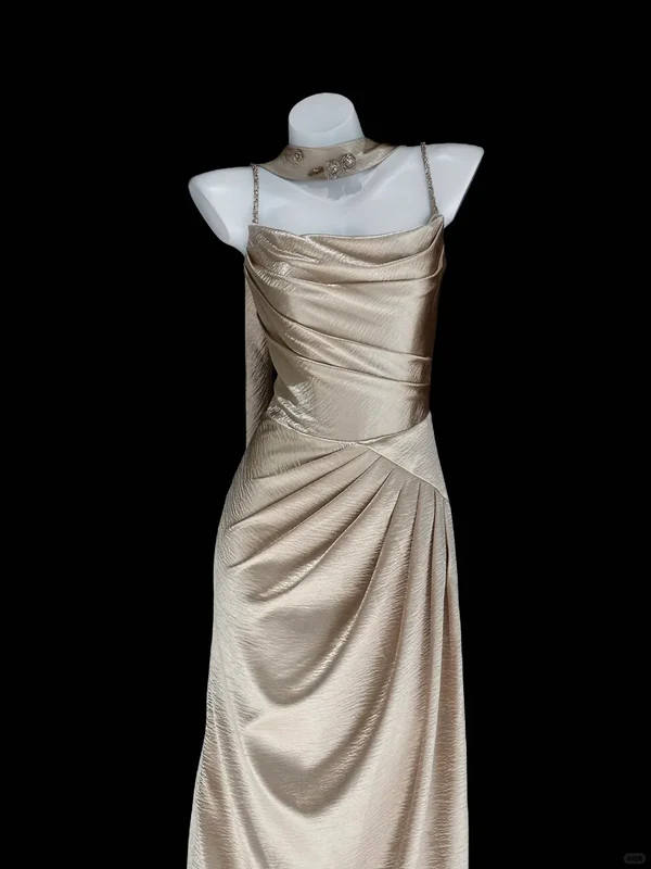 Simple Golden A Line Spaghetti Straps Satin Long Prom Dress Wedding Guest Dress