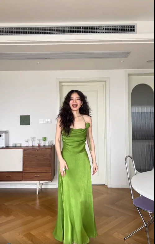 Simple Green A Line Halter Satin Prom Dress Wedding Guest Dress