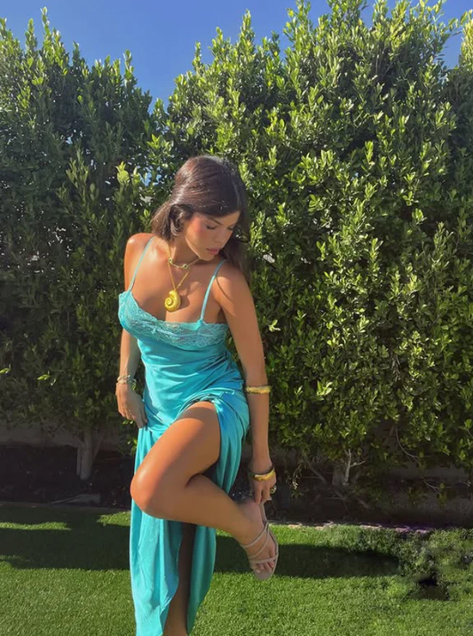 Simple Lake Blue A Line Spaghetti Strap Lace Satin Prom Dress