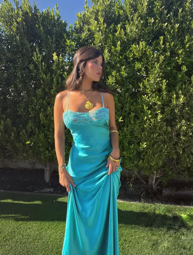 Simple Lake Blue A Line Spaghetti Strap Lace Satin Prom Dress