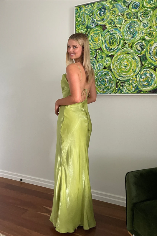 Simple Sheath Spaghetti Straps Light Green Long Party Dress with Backless