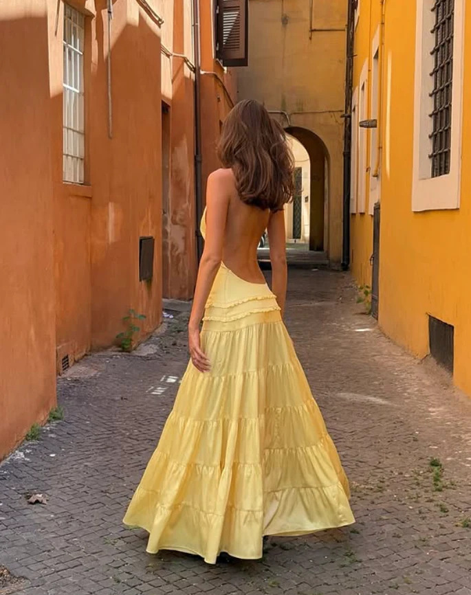Simple Yellow A Line One Shoulder Satin Open Back Prom Dress Wedding Guest Dress