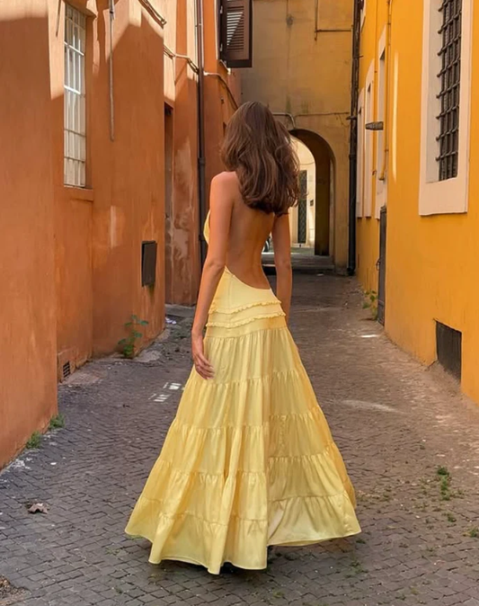 Simple Yellow A Line One Shoulder Satin Open Back Prom Dress Wedding Guest Dress