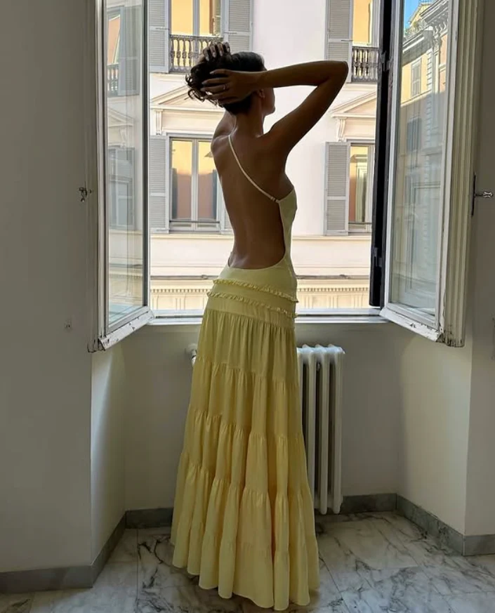 Simple Yellow A Line One Shoulder Satin Open Back Prom Dress Wedding Guest Dress