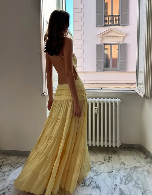 Simple Yellow A Line One Shoulder Satin Open Back Prom Dress Wedding Guest Dress