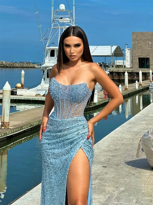 Slit Sequins Beaded Long Bespoke Occasion Gown Evening Dresses Prom Pastrol Unisex Jersey Retro Dubai Saudi Arabic Customized