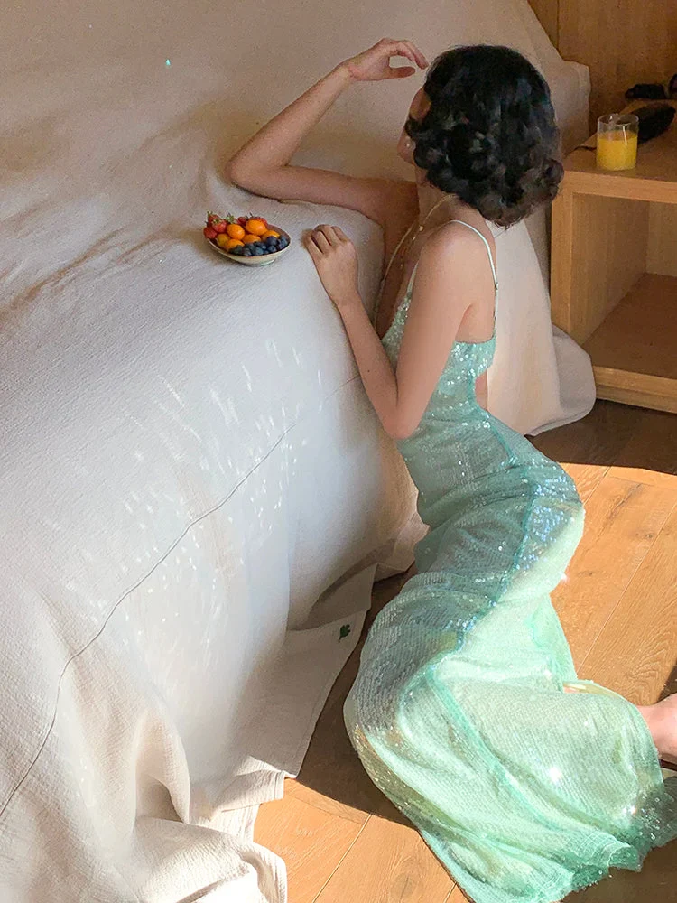 Sparkling Glitter Mint Green Sequin Cami Dress Prom Dresses