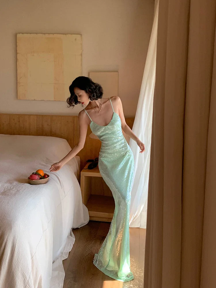 Sparkling Glitter Mint Green Sequin Cami Dress Prom Dresses