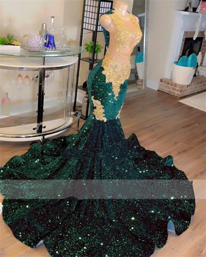 Sparkly Dark Green Mermaid Prom Dresses For Black Girls Golden Lace Appliques Beads Sequins Plus Size Evening Party Gown