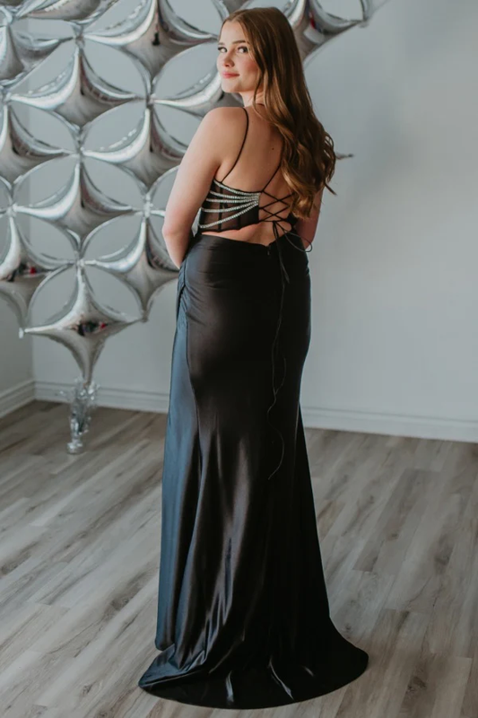 Sparkly Sheath Sweetheart Neck Spaghetti Straps Sleeveless Crystal Beaded Lace Up High Side Slit and Train Prom Dress Evening Formal Gown