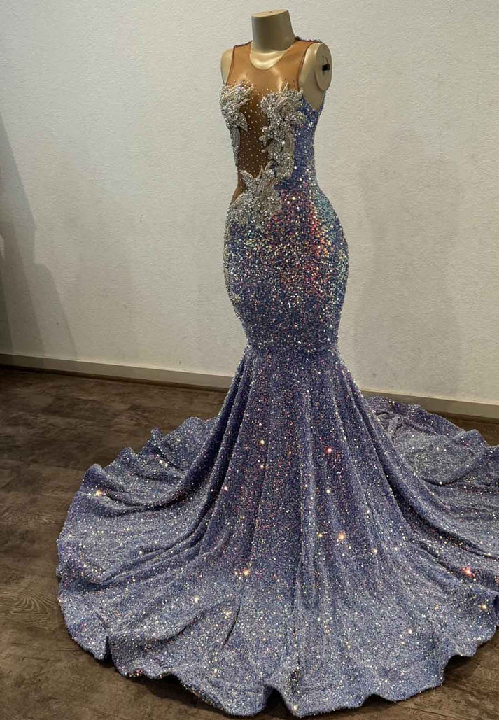 Sparkly V-Neck Sequins Beaded Mermaid Prom Dress for Black Girls