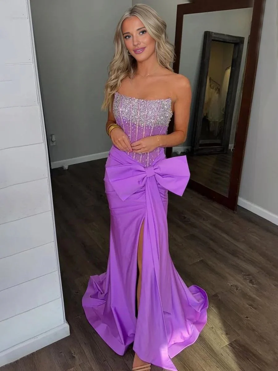 Split Strapless Mermaid Corset Prom Dresses with Side Bowknot