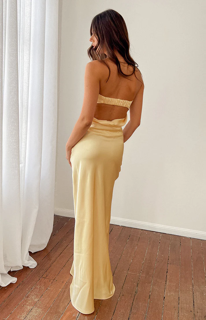 Straight Across Yellow Maxi Prom Dress