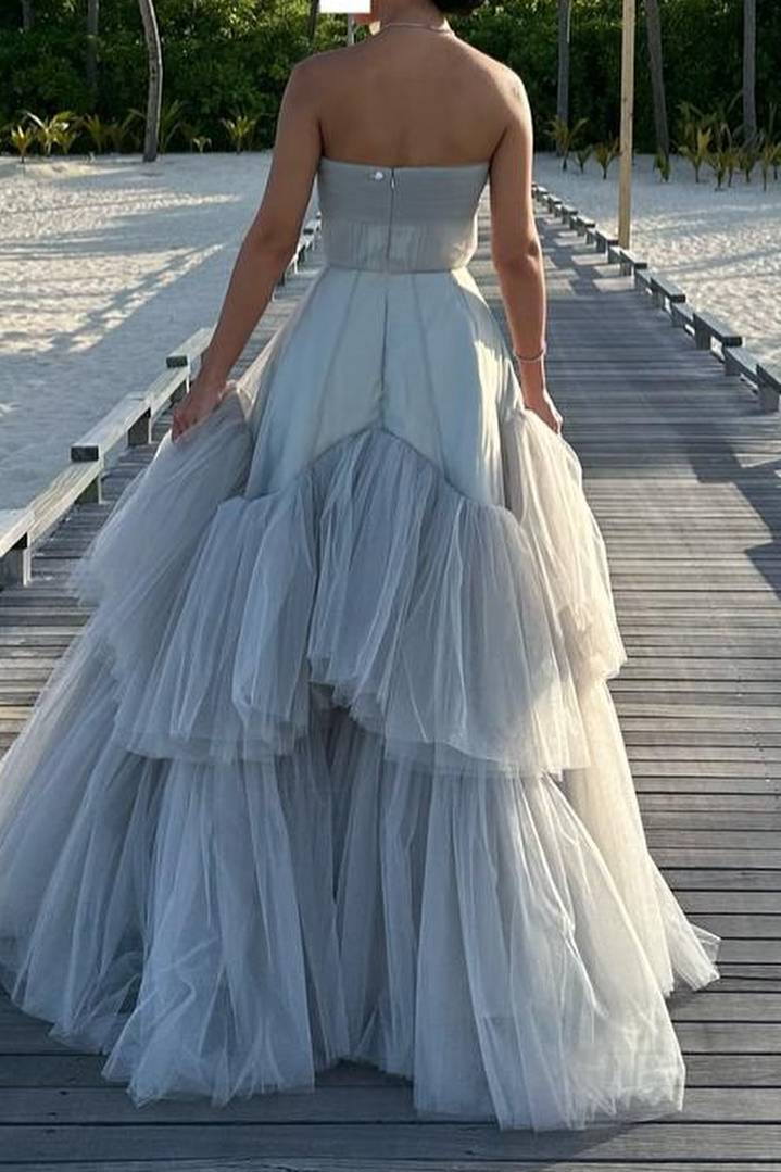 Strapless A-Line Tulle Long Prom Dress With Beading