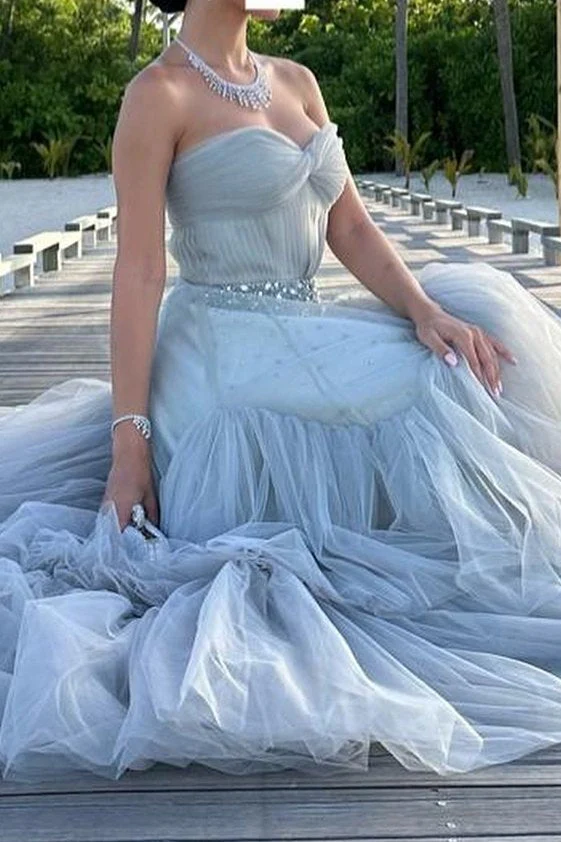 Strapless A-Line Tulle Long Prom Dress With Beading