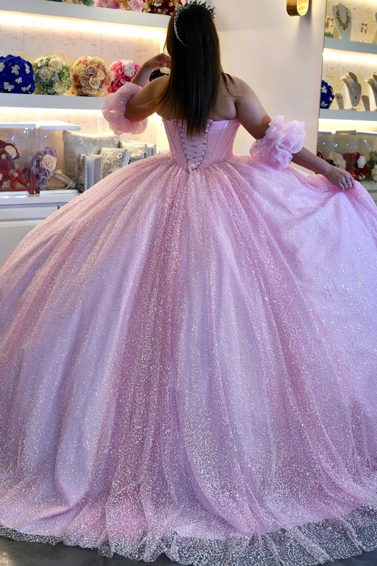 Strapless Detachale Sleeves Beaded Pink Sweet 15 Quinceañera Dress