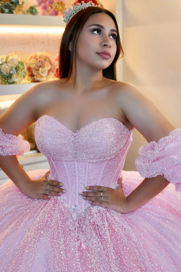 Strapless Detachale Sleeves Beaded Pink Sweet 15 Quinceañera Dress