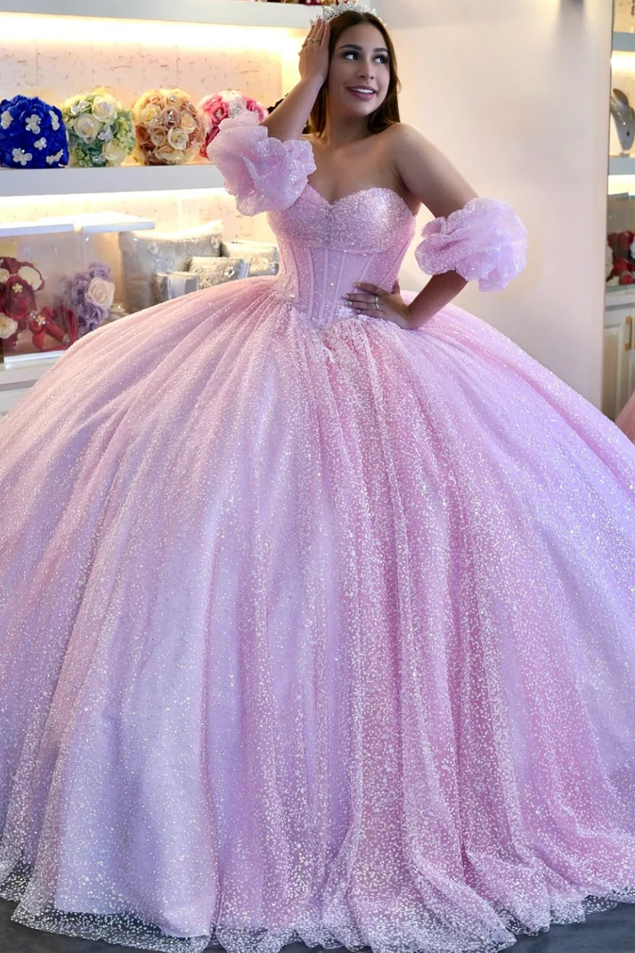 Strapless Detachale Sleeves Beaded Pink Sweet 15 Quinceañera Dress