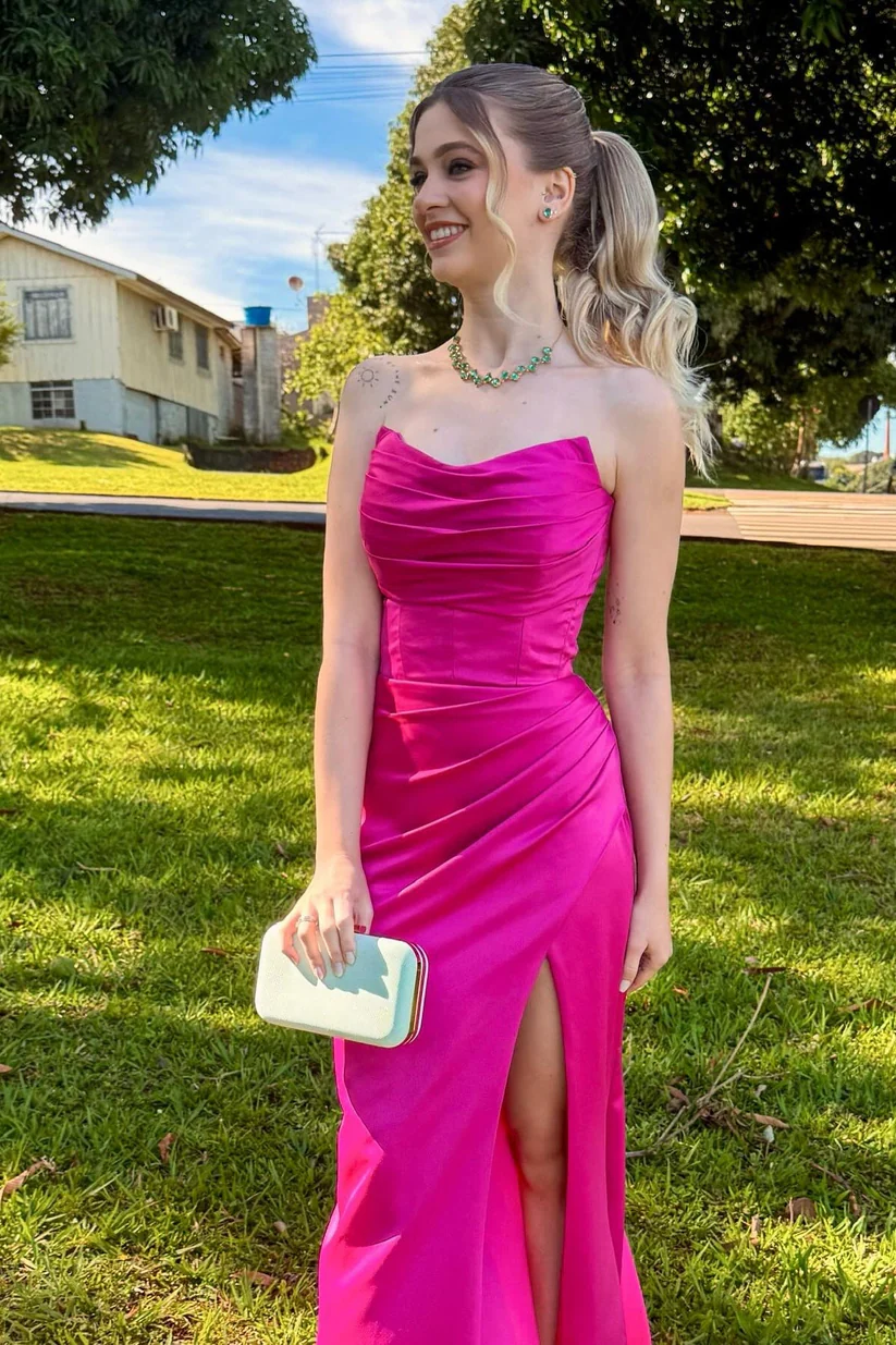 Strapless Fuchsia Satin Mermaid Long Formal Dress