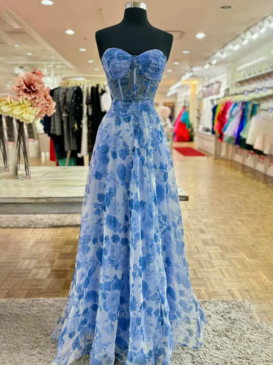 Strapless Printing Sweetheart Beads A-Line Prom Dress