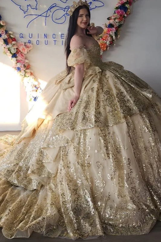 Strapless Short Sleeves Appliques Ruffles Bow Knot Gold Sweet 15 Quinceañera Dress