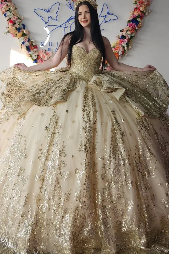 Strapless Short Sleeves Appliques Ruffles Bow Knot Gold Sweet 15 Quinceañera Dress