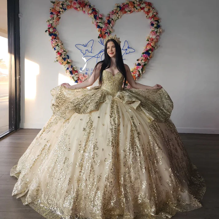 Strapless Short Sleeves Appliques Ruffles Bow Knot Gold Sweet 15 Quinceañera Dress