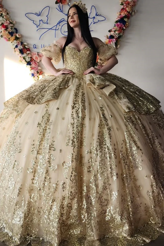 Strapless Short Sleeves Appliques Ruffles Bow Knot Gold Sweet 15 Quinceañera Dress